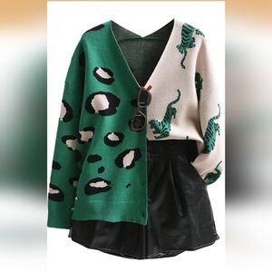Green & Cream Tiger-Print Women's Cardigan Sweater